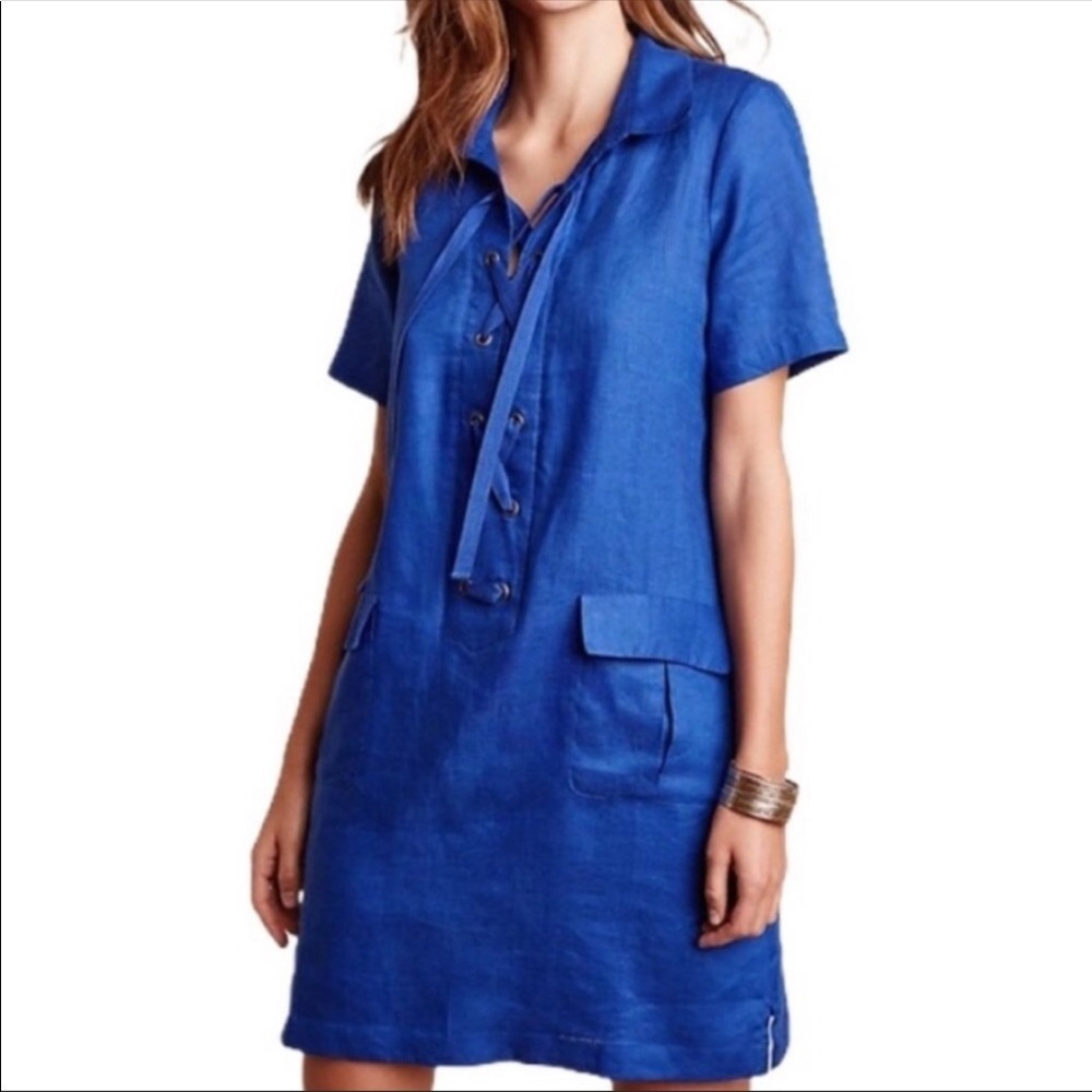 Maeve Blue Linen Lace Up Dress